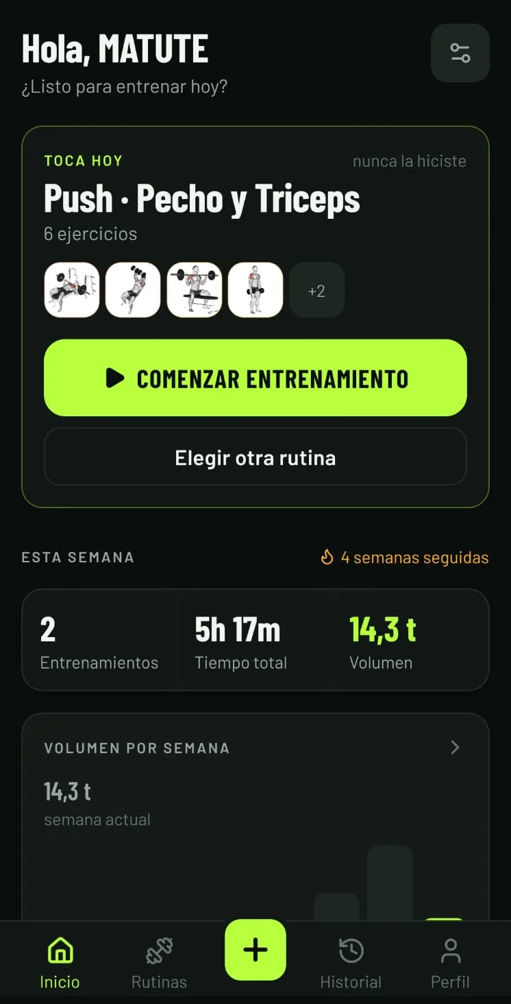 Pantalla de inicio de GymTrack con la rutina del día, las figuras de sus ejercicios y el resumen de la semana.
