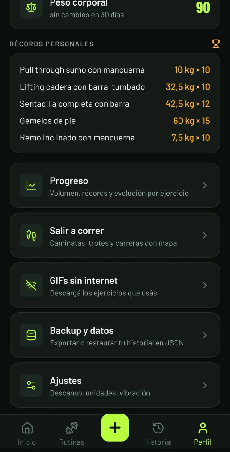 Pantalla de perfil con el peso corporal, la lista de récords personales y los accesos a progreso.